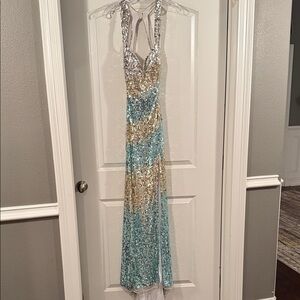 Elegant Sequin Prom Dress in Silver, Gold, and Blue